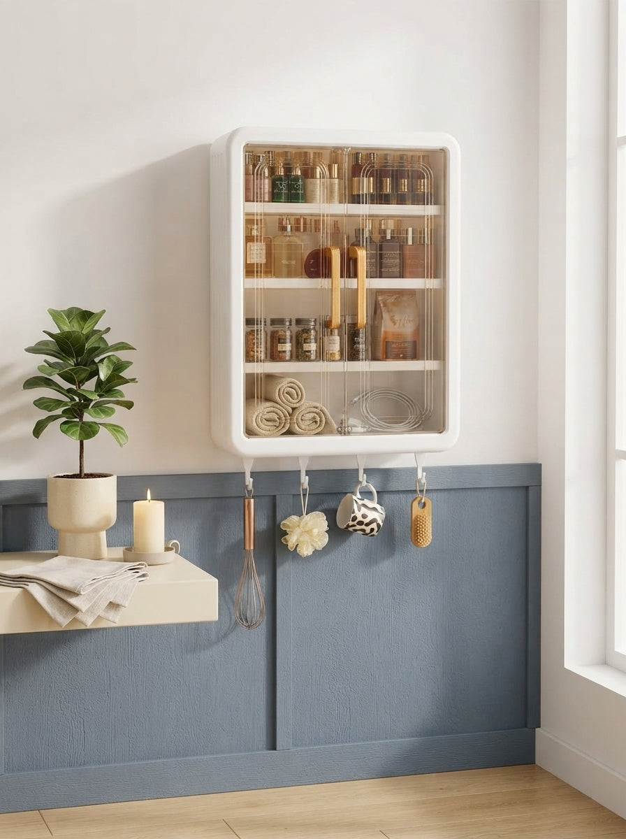 A wall-mounted storage organizer with multiple compartments holding a phone charger, toiletries, and kitchen tools.